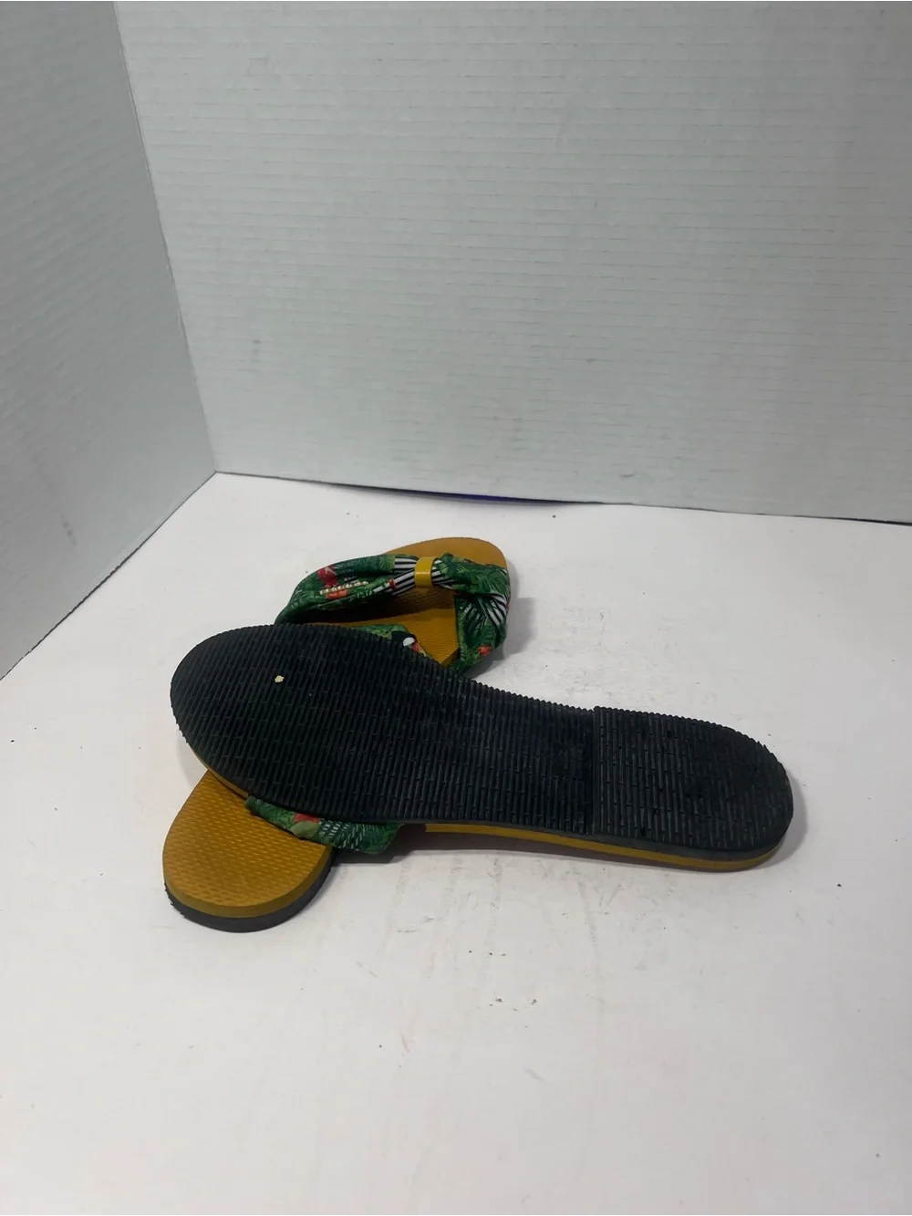 Havaianas Green Floral Knot Slide Sandals with Mustard Footbed